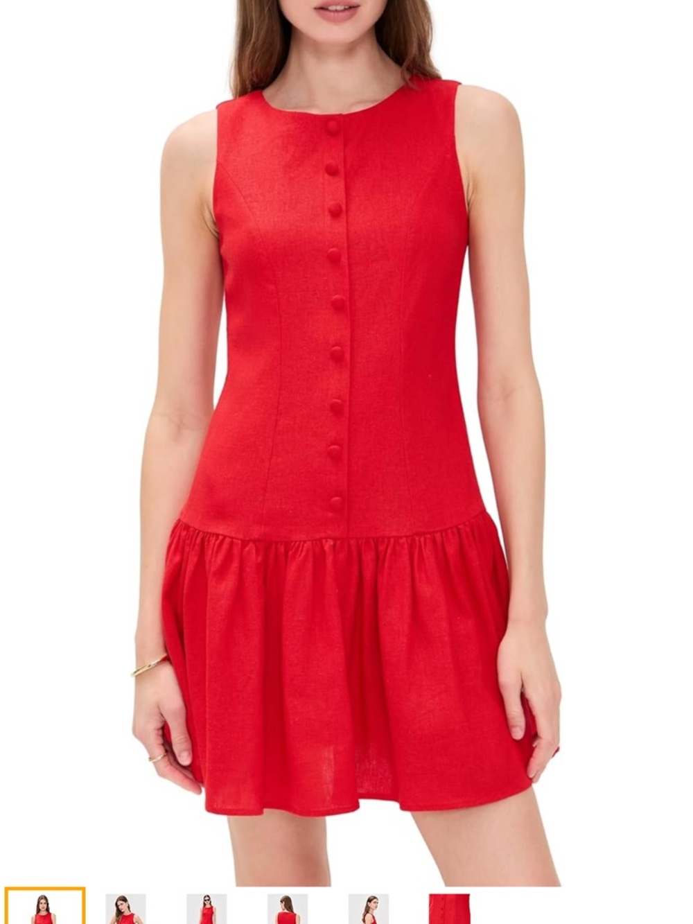 Drop Waist Red Button-Front Mini Dress - Picture 2 of 5